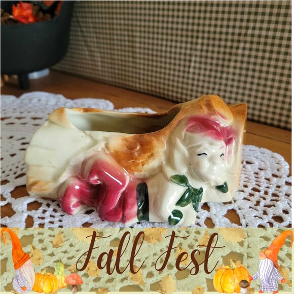 🍂 20% OFF - Vintage Porcelain Trinket Planter - Elf Pixie Gnome Wood Log - Picture 1 of 12
